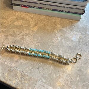 Gorgeous 1980s gold tone laced bracelet, toggle closure, multicolored crystals